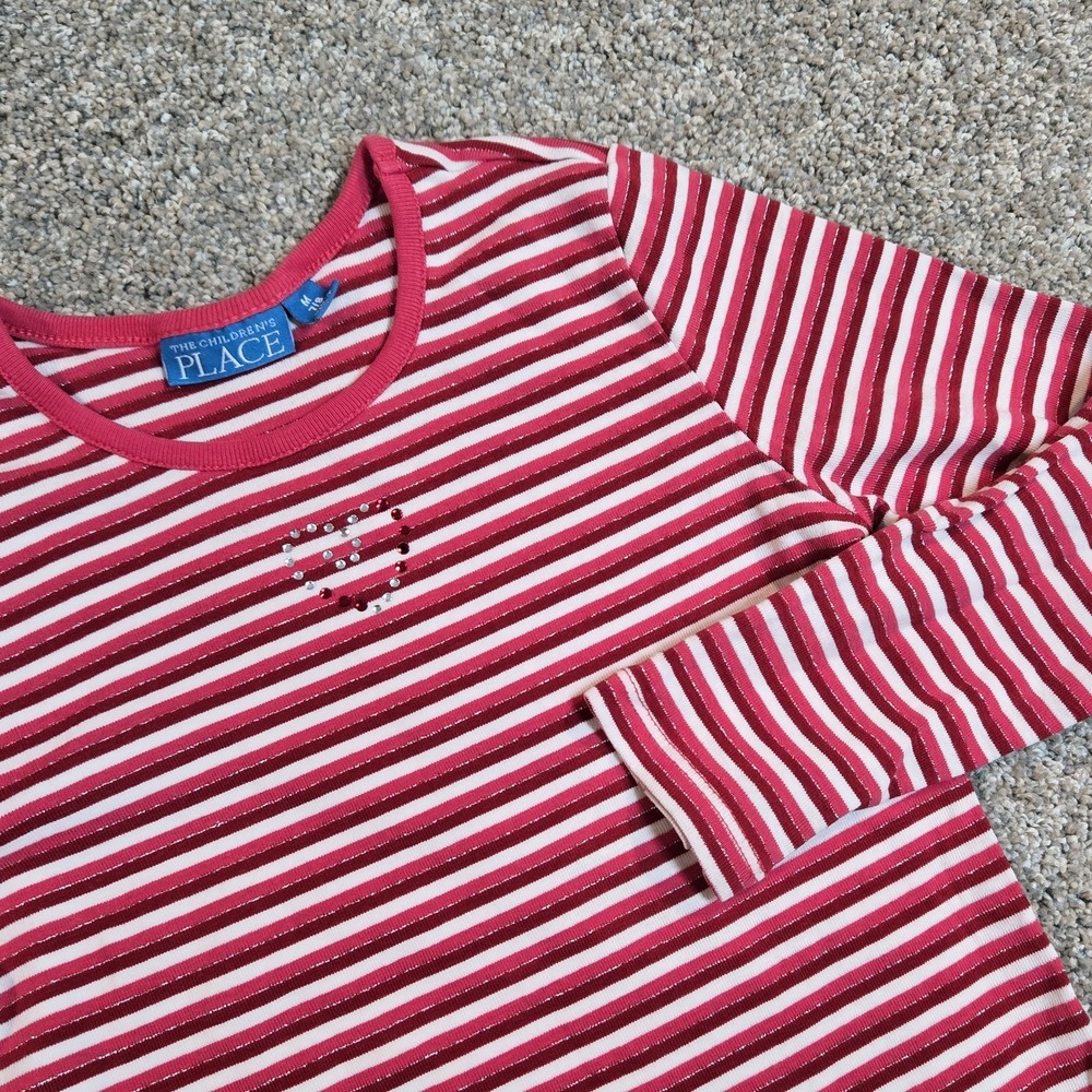 The Children's Place Girl's  7/8 Long Sleeve Shirt  Sequin Heart Red/white Strip